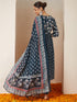 Janasya Women's Teal Blue Pure Cotton Floral Printed A-line Kurta Set